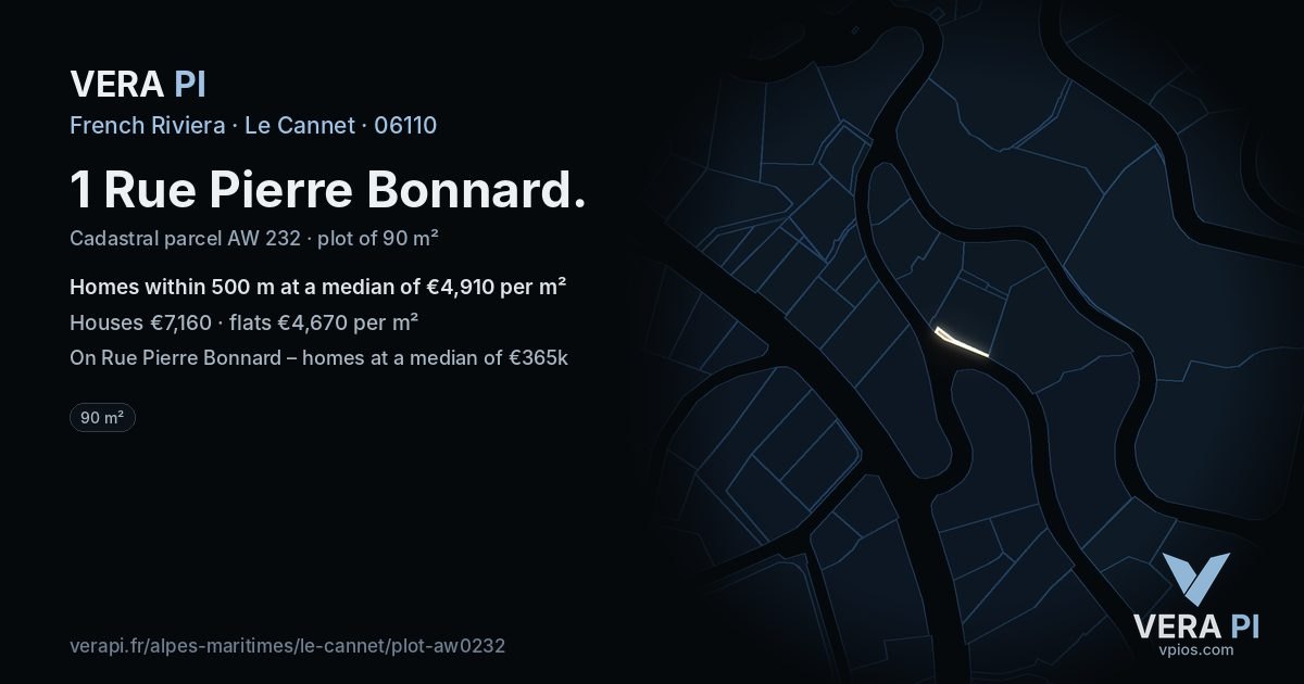 1 Rue Pierre Bonnard, Le Cannet at night – the plot lit, the parcels around coloured by the prices near them