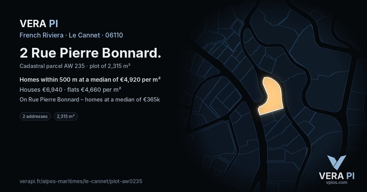 2 Rue Pierre Bonnard, Le Cannet at night – the plot lit, the parcels around coloured by the prices near them