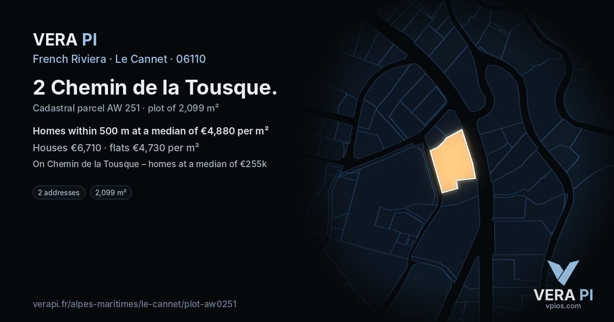 2 Chemin de la Tousque, Le Cannet at night – the plot lit, the parcels around coloured by the prices near them