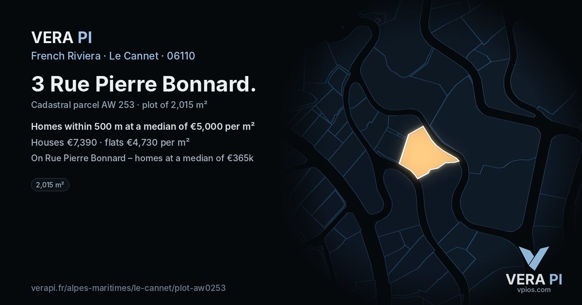 3 Rue Pierre Bonnard, Le Cannet at night – the plot lit, the parcels around coloured by the prices near them