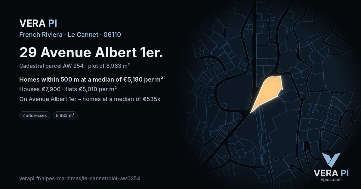 29 Avenue Albert 1er, Le Cannet at night – the plot lit, the parcels around coloured by the prices near them