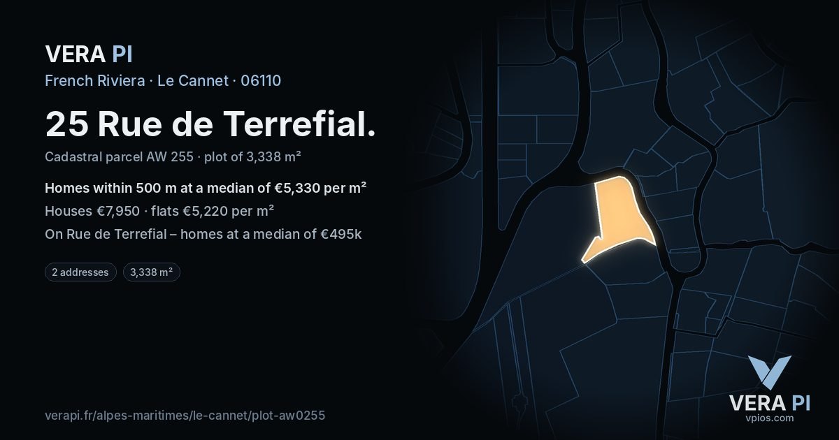 25 Rue de Terrefial, Le Cannet at night – the plot lit, the parcels around coloured by the prices near them