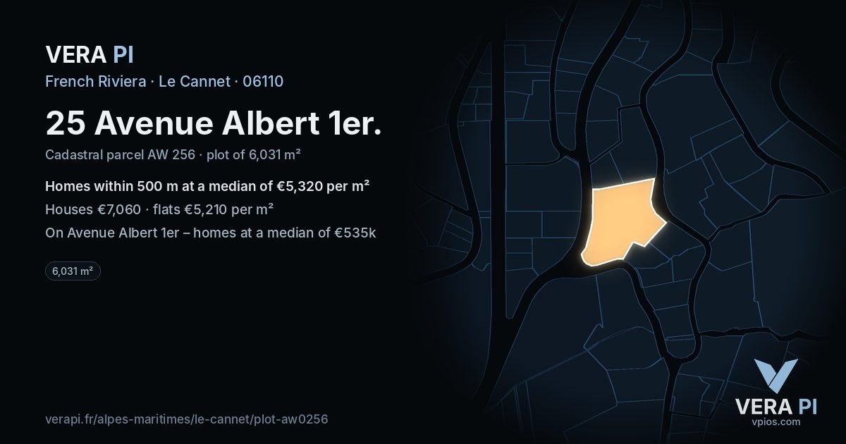 25 Avenue Albert 1er, Le Cannet at night – the plot lit, the parcels around coloured by the prices near them