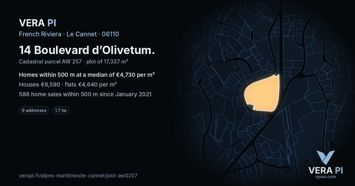 14 Boulevard d’Olivetum, Le Cannet at night – the plot lit, the parcels around coloured by the prices near them