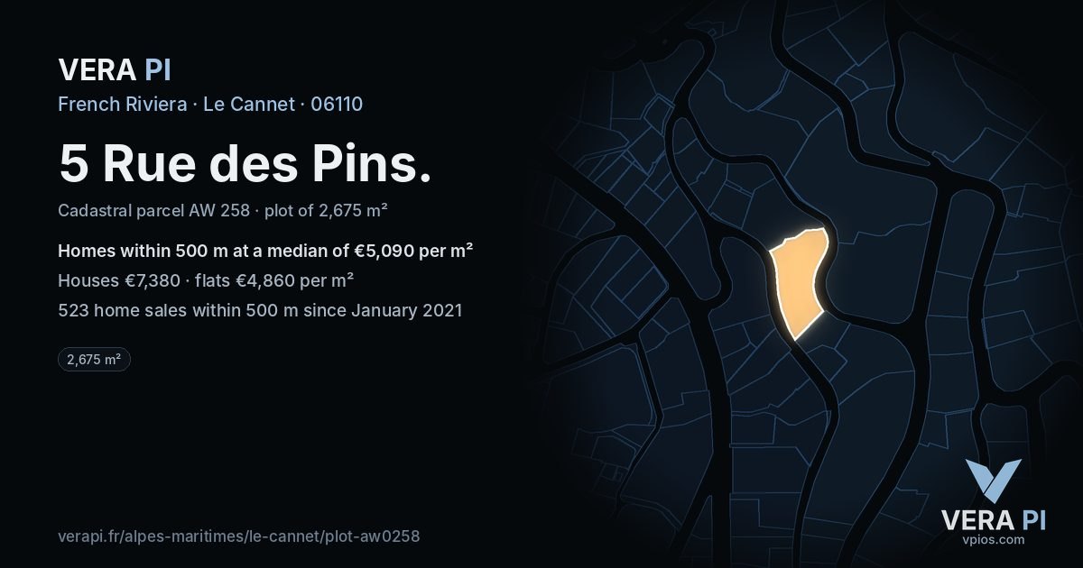 5 Rue des Pins, Le Cannet at night – the plot lit, the parcels around coloured by the prices near them