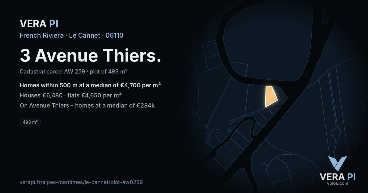 3 Avenue Thiers, Le Cannet at night – the plot lit, the parcels around coloured by the prices near them