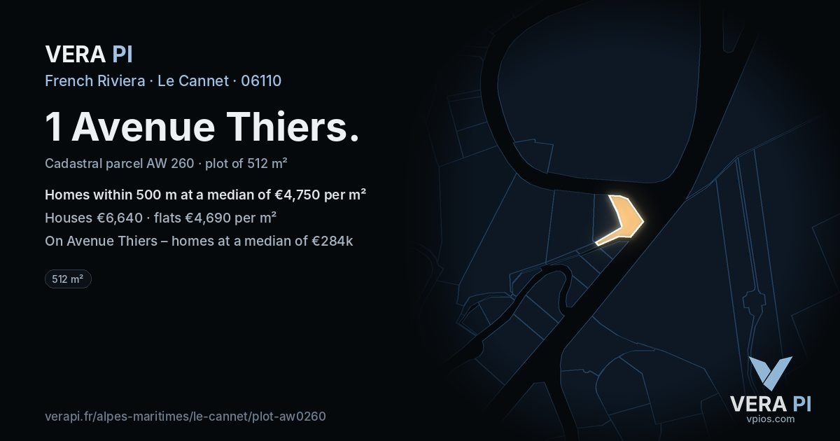 1 Avenue Thiers, Le Cannet at night – the plot lit, the parcels around coloured by the prices near them