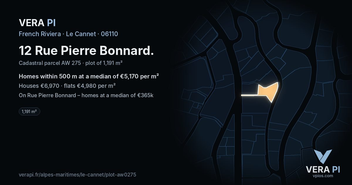 12 Rue Pierre Bonnard, Le Cannet at night – the plot lit, the parcels around coloured by the prices near them