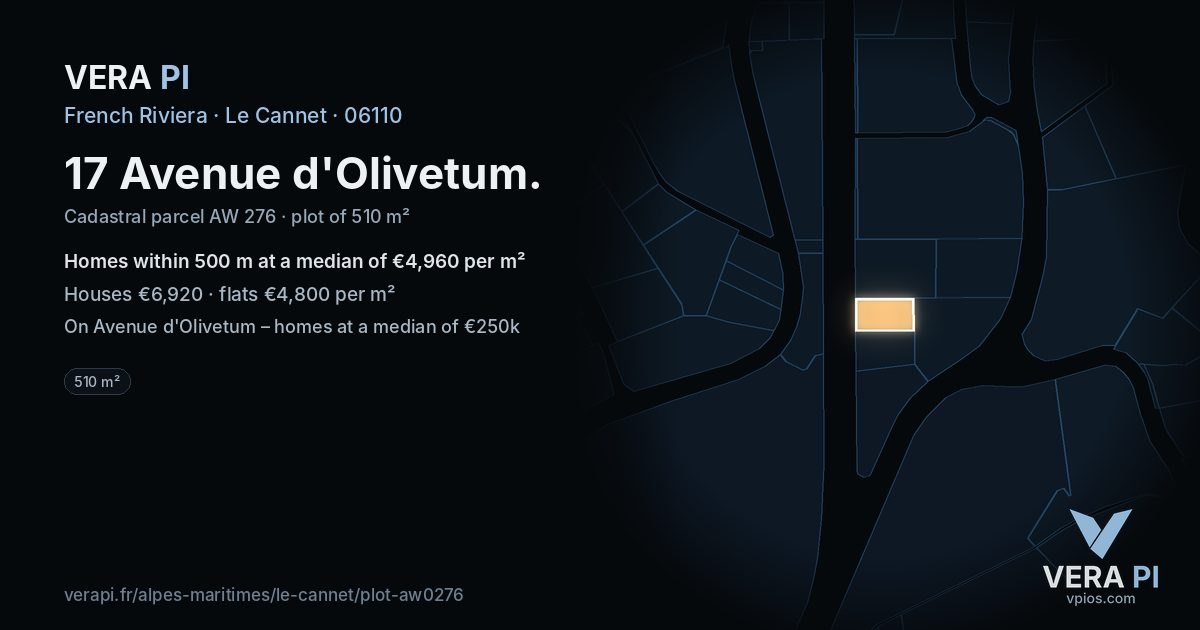 17 Avenue d'Olivetum, Le Cannet at night – the plot lit, the parcels around coloured by the prices near them