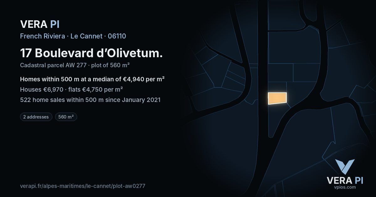 17 Boulevard d’Olivetum, Le Cannet at night – the plot lit, the parcels around coloured by the prices near them