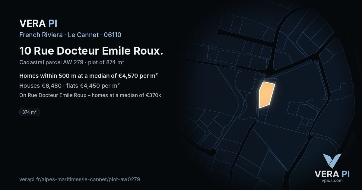 10 Rue Docteur Emile Roux, Le Cannet at night – the plot lit, the parcels around coloured by the prices near them
