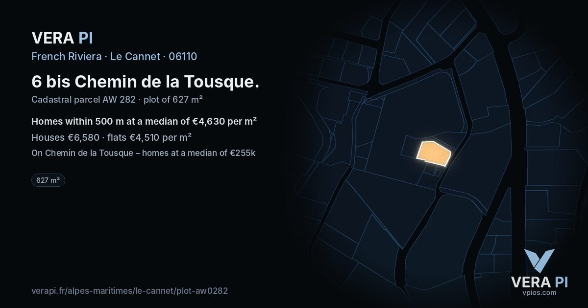 6 bis Chemin de la Tousque, Le Cannet at night – the plot lit, the parcels around coloured by the prices near them