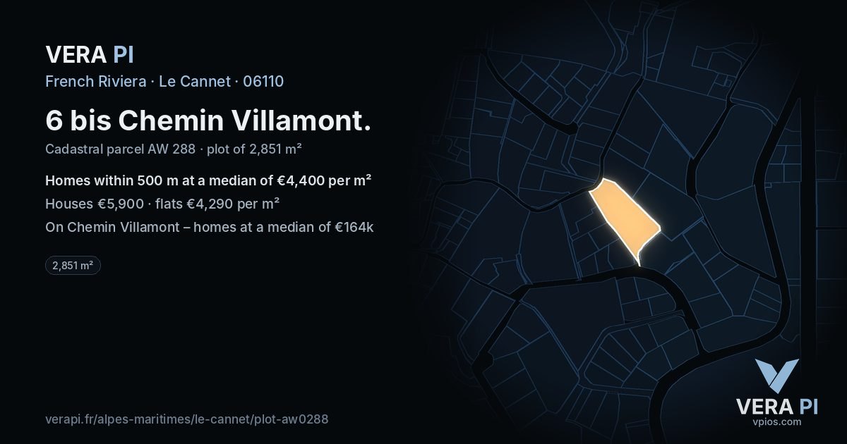 6 bis Chemin Villamont, Le Cannet at night – the plot lit, the parcels around coloured by the prices near them