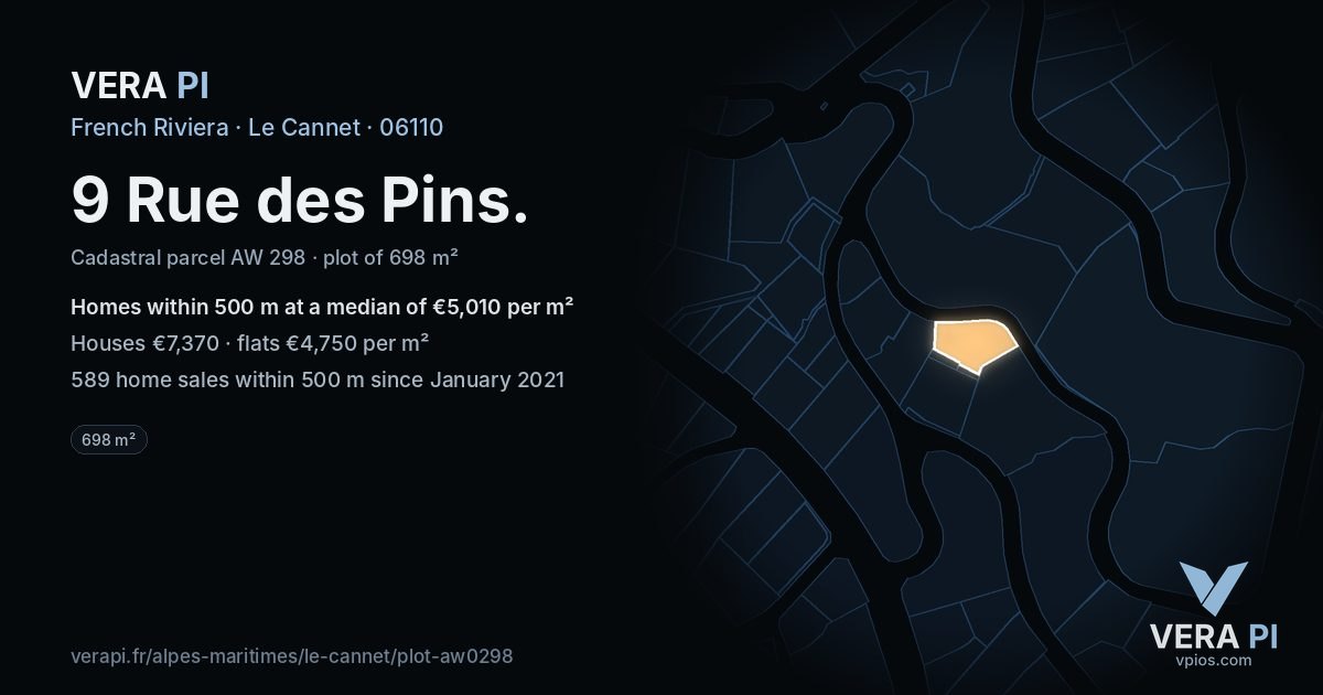 9 Rue des Pins, Le Cannet at night – the plot lit, the parcels around coloured by the prices near them