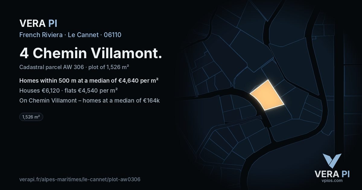 4 Chemin Villamont, Le Cannet at night – the plot lit, the parcels around coloured by the prices near them