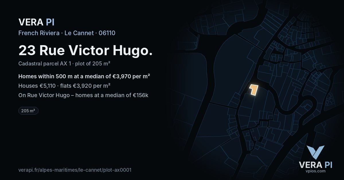 23 Rue Victor Hugo, Le Cannet at night – the plot lit, the parcels around coloured by the prices near them