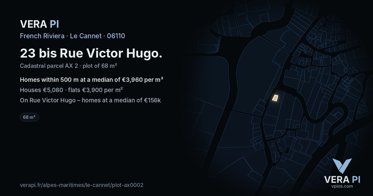 23 bis Rue Victor Hugo, Le Cannet at night – the plot lit, the parcels around coloured by the prices near them