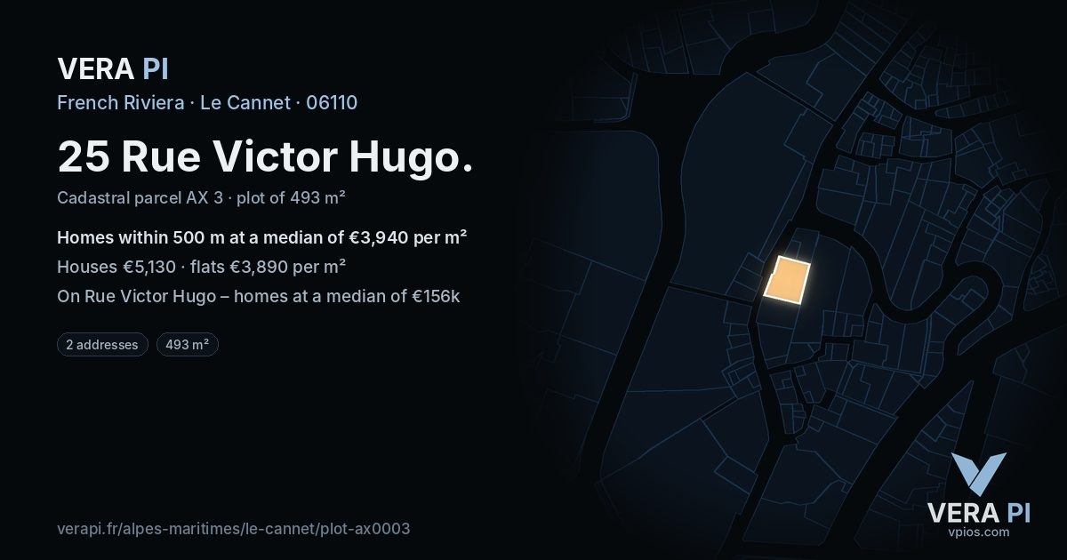 25 Rue Victor Hugo, Le Cannet at night – the plot lit, the parcels around coloured by the prices near them