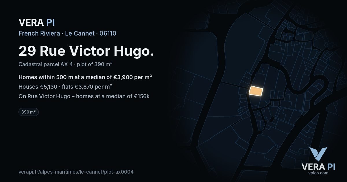 29 Rue Victor Hugo, Le Cannet at night – the plot lit, the parcels around coloured by the prices near them