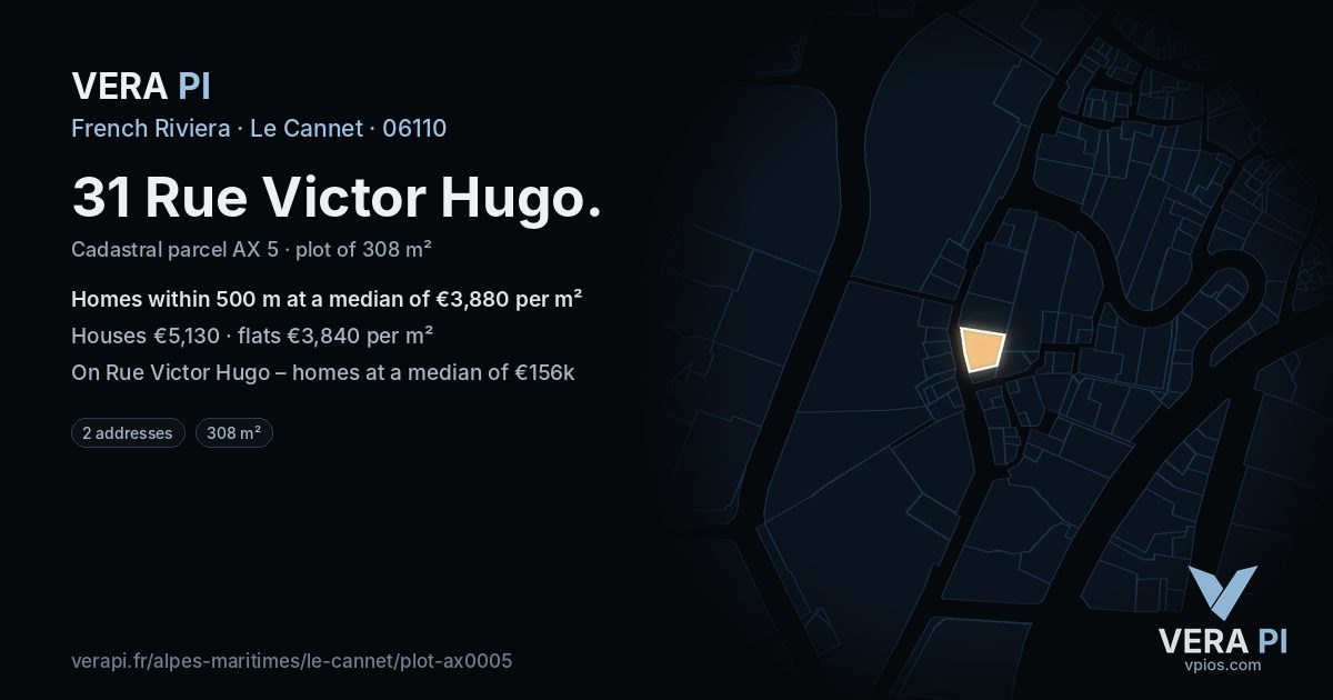 31 Rue Victor Hugo, Le Cannet at night – the plot lit, the parcels around coloured by the prices near them