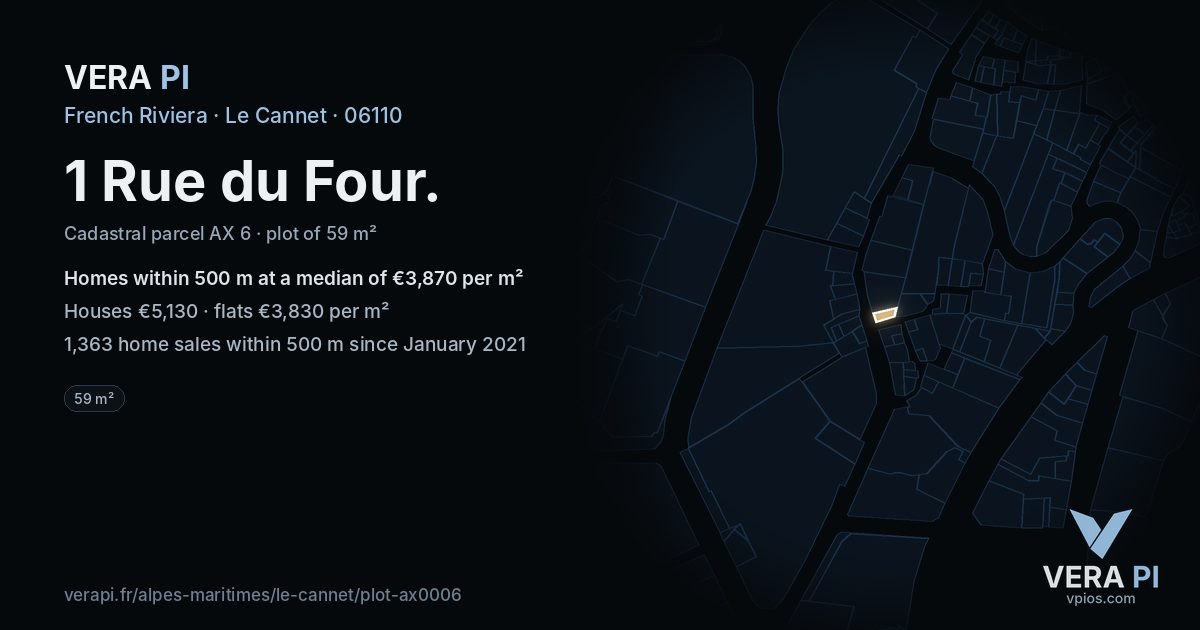 1 Rue du Four, Le Cannet at night – the plot lit, the parcels around coloured by the prices near them
