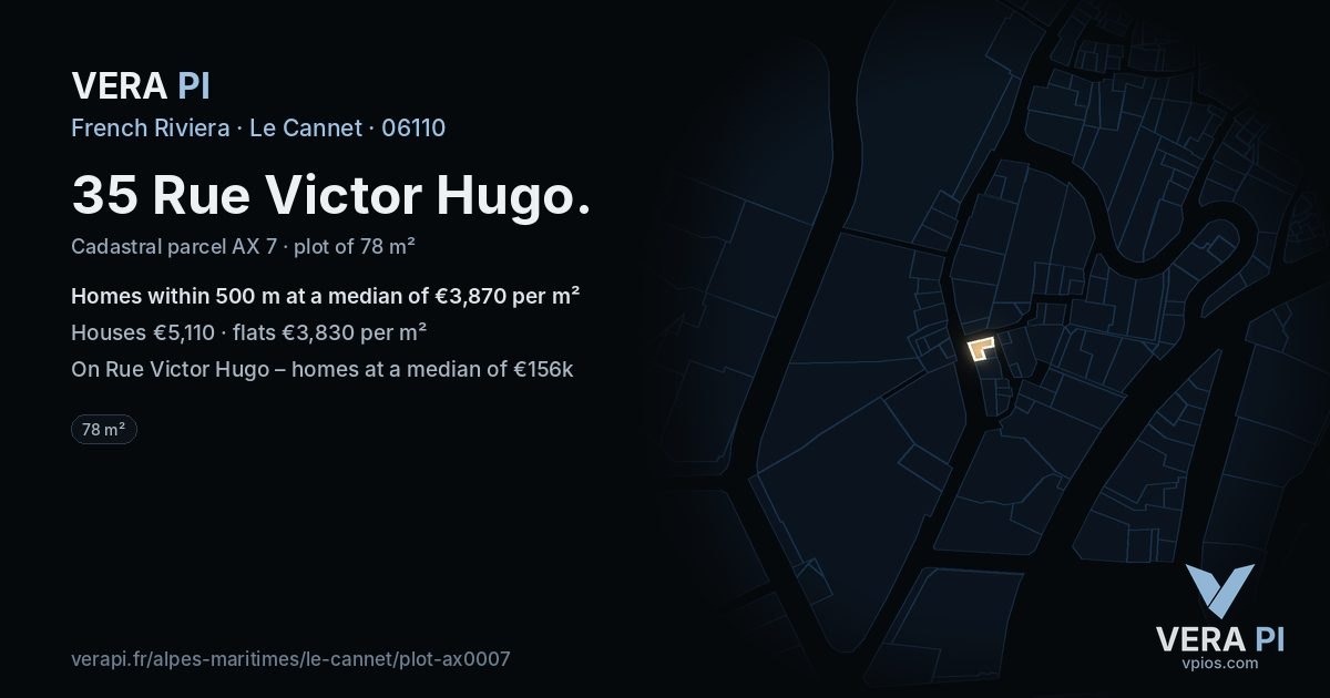 35 Rue Victor Hugo, Le Cannet at night – the plot lit, the parcels around coloured by the prices near them