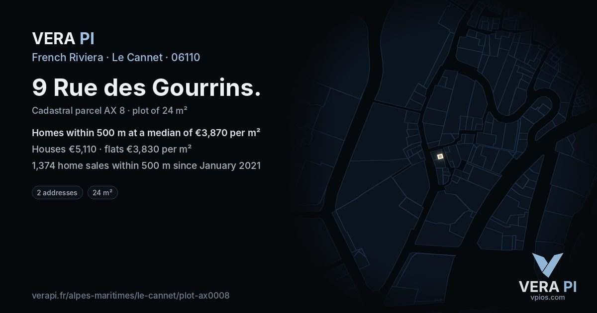 9 Rue des Gourrins, Le Cannet at night – the plot lit, the parcels around coloured by the prices near them