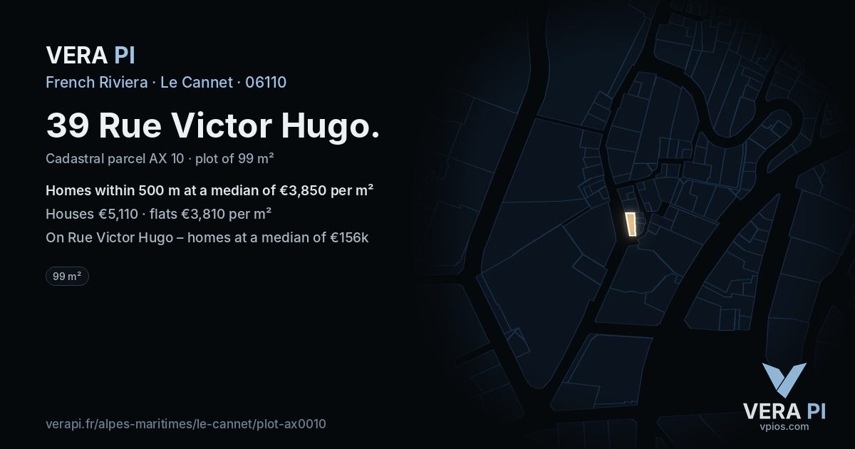 39 Rue Victor Hugo, Le Cannet at night – the plot lit, the parcels around coloured by the prices near them