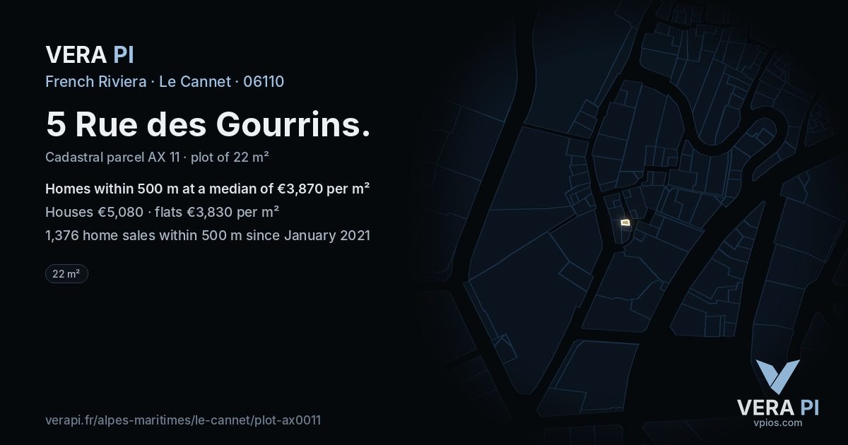 5 Rue des Gourrins, Le Cannet at night – the plot lit, the parcels around coloured by the prices near them