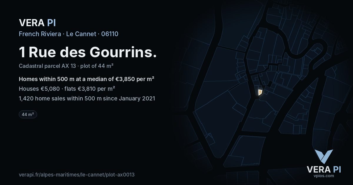 1 Rue des Gourrins, Le Cannet at night – the plot lit, the parcels around coloured by the prices near them