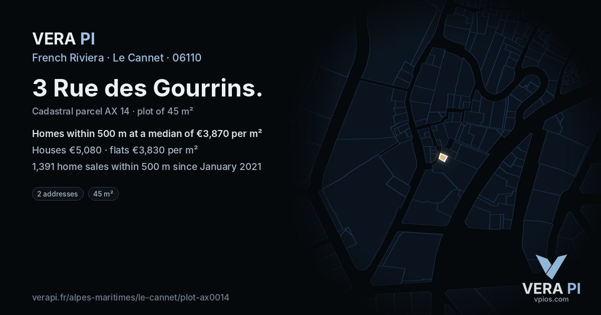 3 Rue des Gourrins, Le Cannet at night – the plot lit, the parcels around coloured by the prices near them