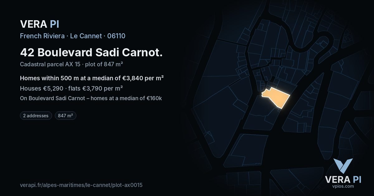 42 Boulevard Sadi Carnot, Le Cannet at night – the plot lit, the parcels around coloured by the prices near them