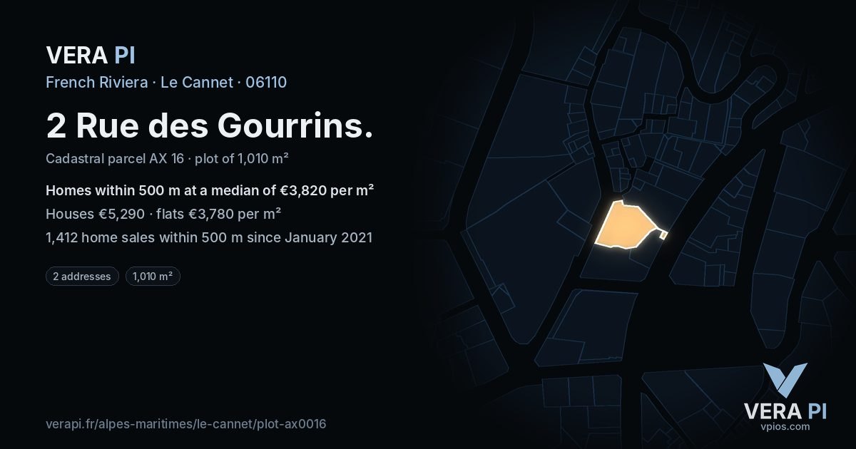 2 Rue des Gourrins, Le Cannet at night – the plot lit, the parcels around coloured by the prices near them