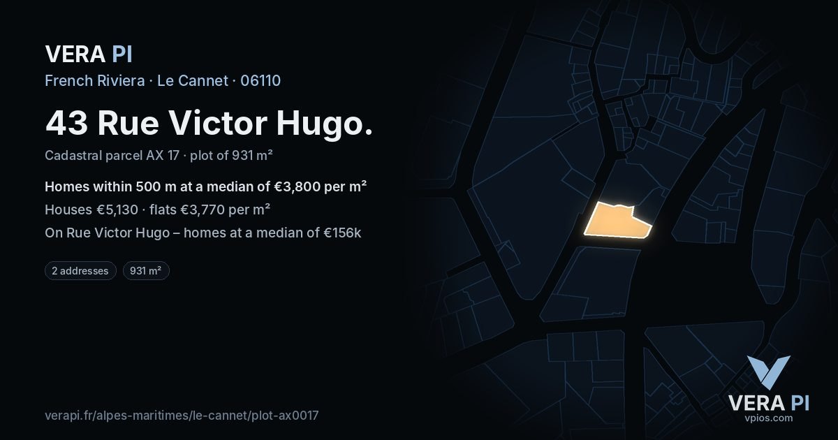 43 Rue Victor Hugo, Le Cannet at night – the plot lit, the parcels around coloured by the prices near them