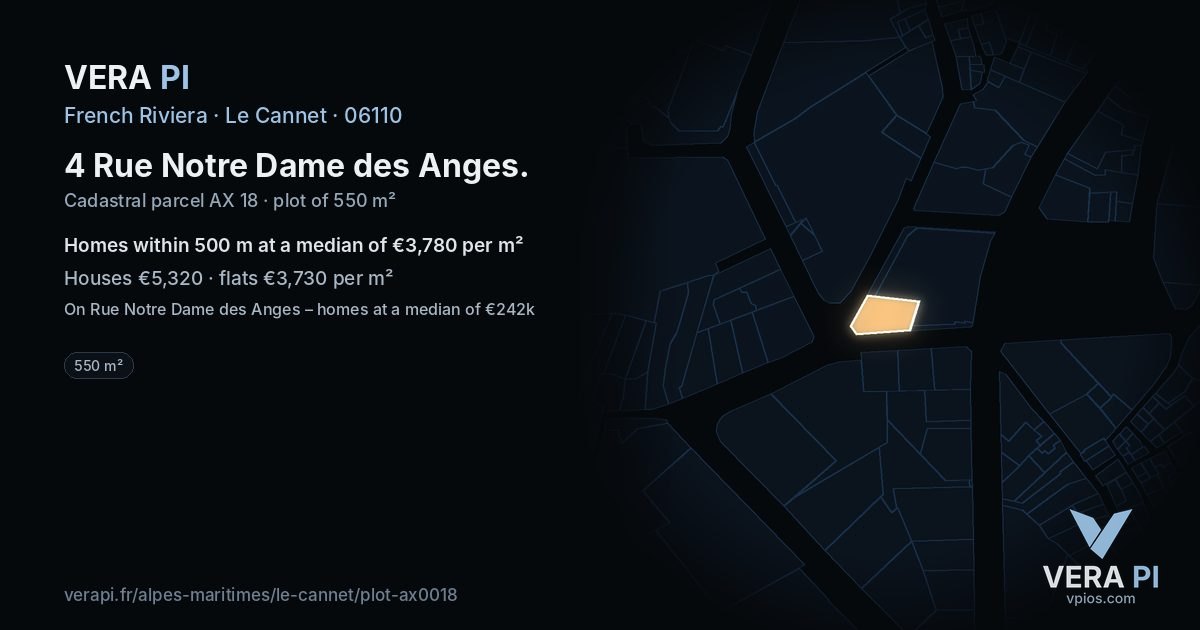 4 Rue Notre Dame des Anges, Le Cannet at night – the plot lit, the parcels around coloured by the prices near them