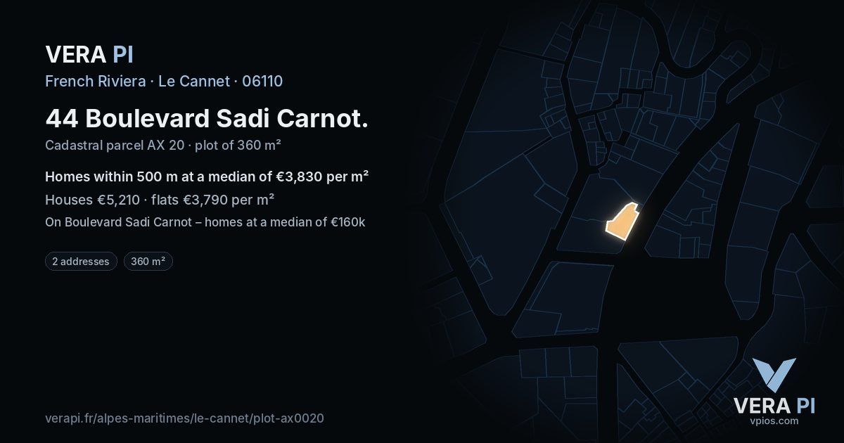 44 Boulevard Sadi Carnot, Le Cannet at night – the plot lit, the parcels around coloured by the prices near them