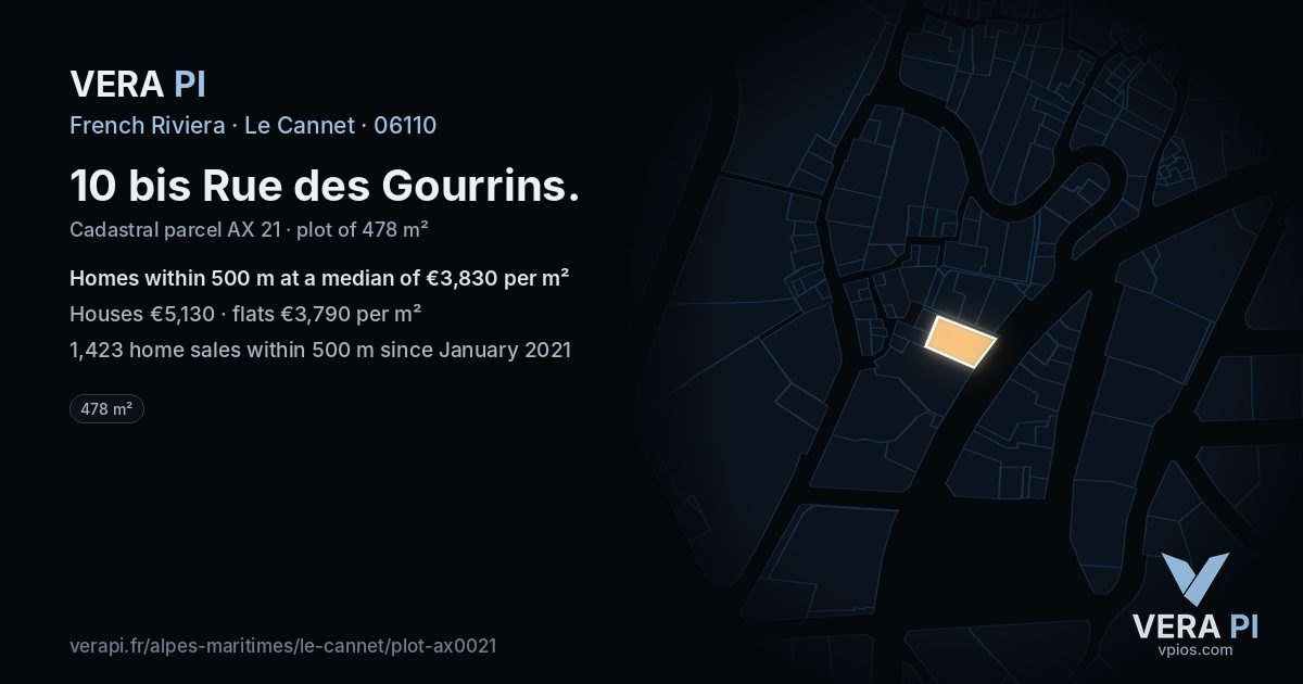 10 bis Rue des Gourrins, Le Cannet at night – the plot lit, the parcels around coloured by the prices near them