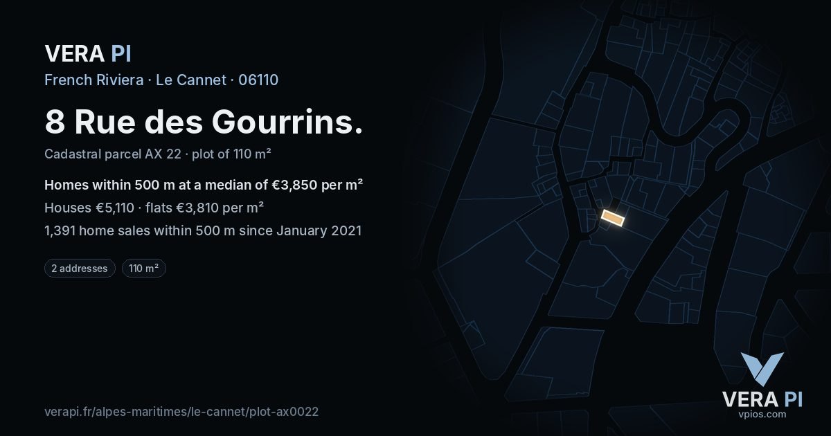 8 Rue des Gourrins, Le Cannet at night – the plot lit, the parcels around coloured by the prices near them