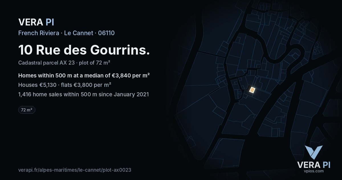 10 Rue des Gourrins, Le Cannet at night – the plot lit, the parcels around coloured by the prices near them