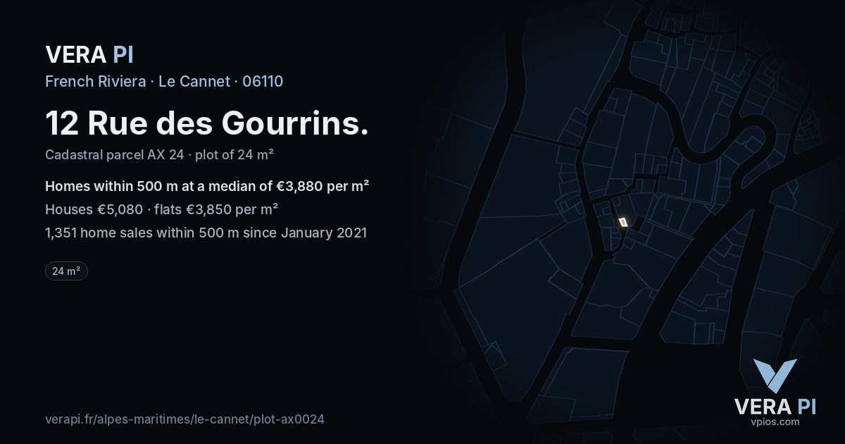 12 Rue des Gourrins, Le Cannet at night – the plot lit, the parcels around coloured by the prices near them