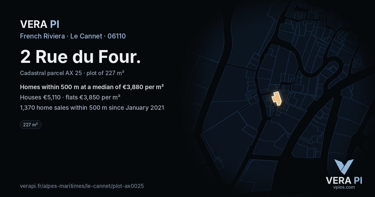 2 Rue du Four, Le Cannet at night – the plot lit, the parcels around coloured by the prices near them
