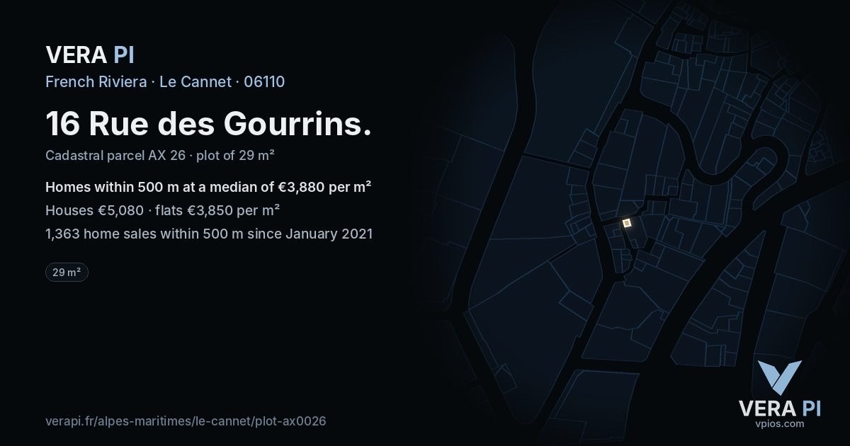 16 Rue des Gourrins, Le Cannet at night – the plot lit, the parcels around coloured by the prices near them