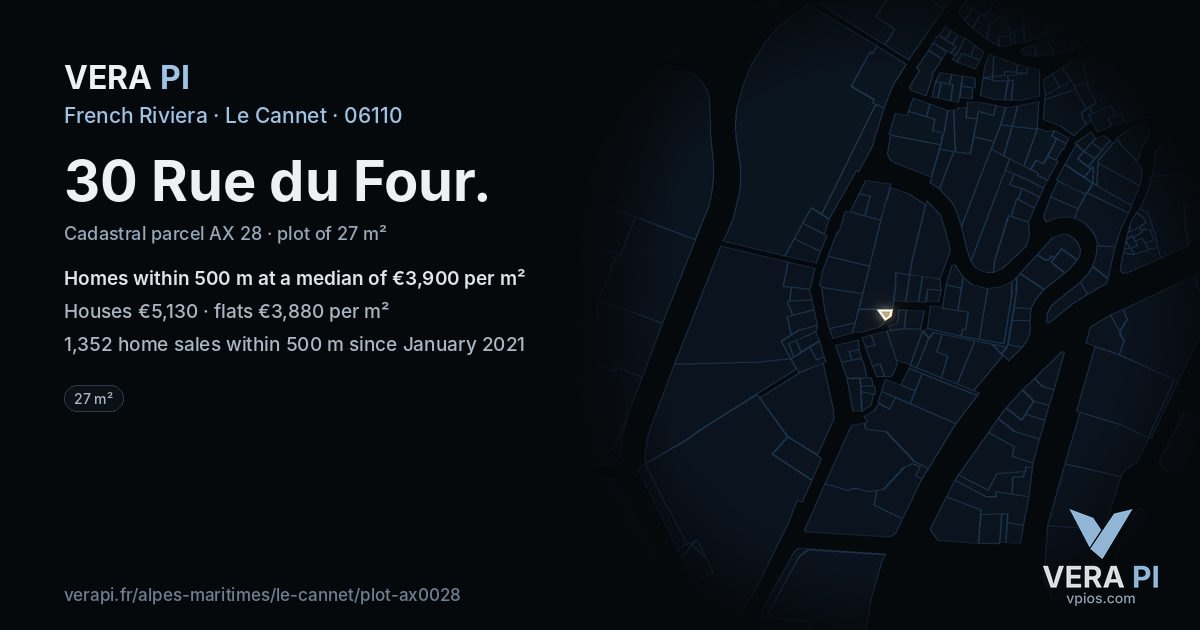30 Rue du Four, Le Cannet at night – the plot lit, the parcels around coloured by the prices near them