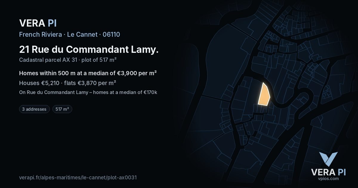 21 Rue du Commandant Lamy, Le Cannet at night – the plot lit, the parcels around coloured by the prices near them