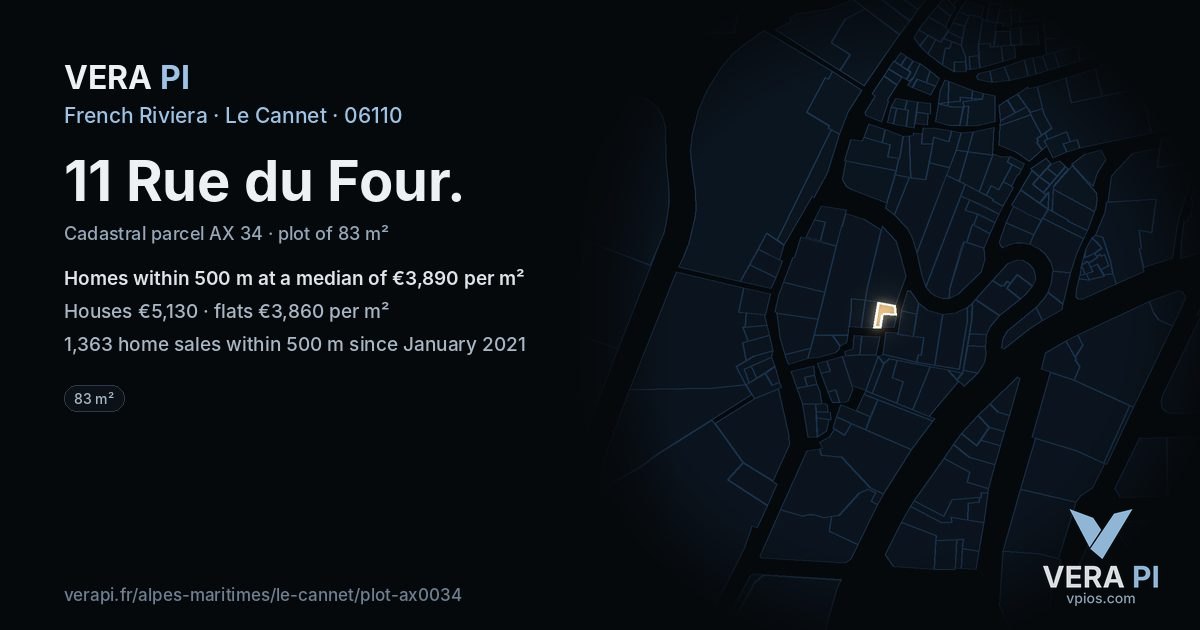 11 Rue du Four, Le Cannet at night – the plot lit, the parcels around coloured by the prices near them