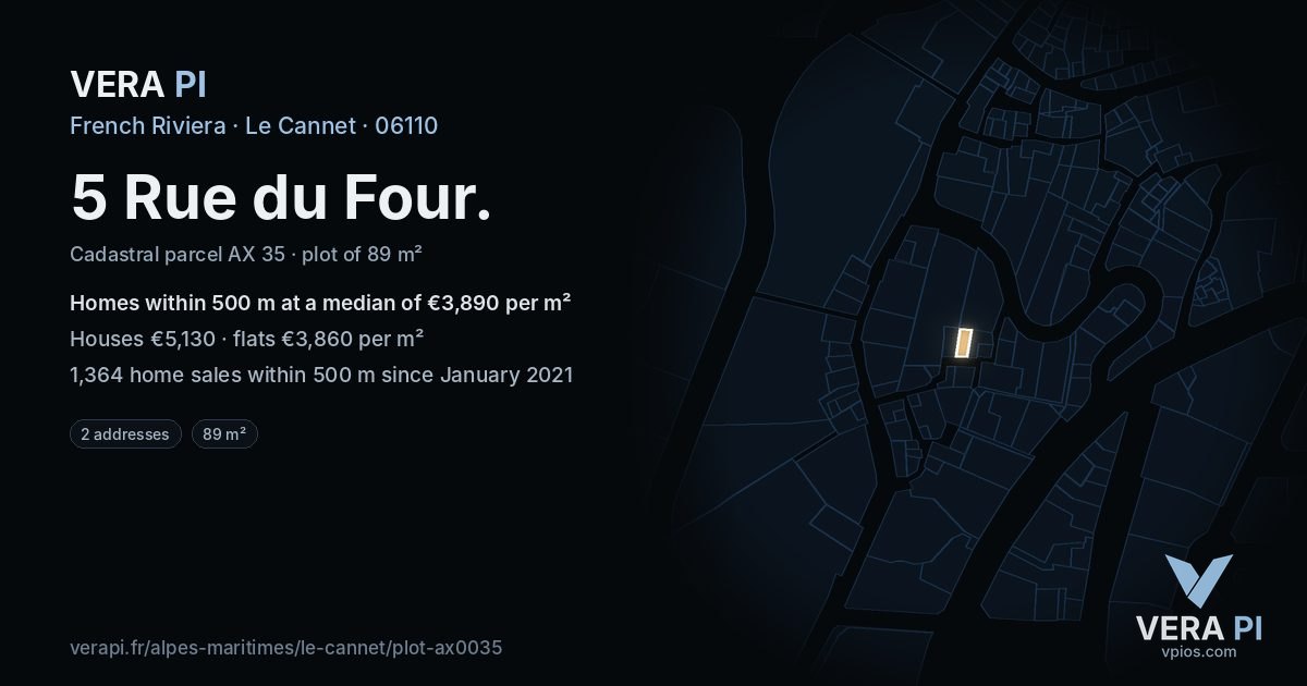 5 Rue du Four, Le Cannet at night – the plot lit, the parcels around coloured by the prices near them