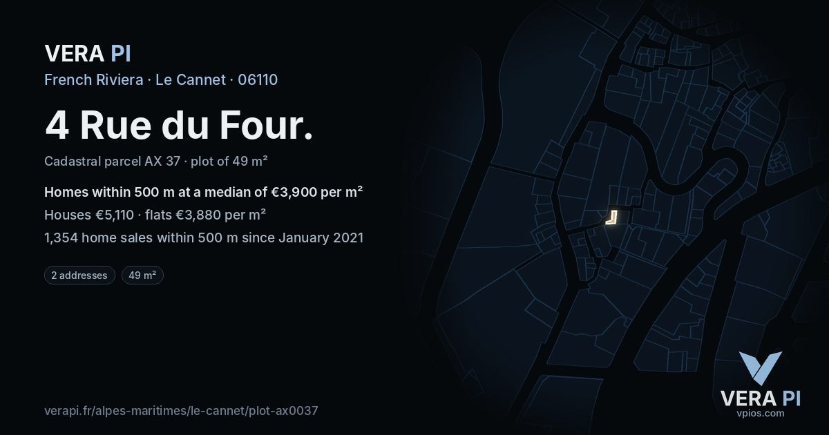 4 Rue du Four, Le Cannet at night – the plot lit, the parcels around coloured by the prices near them