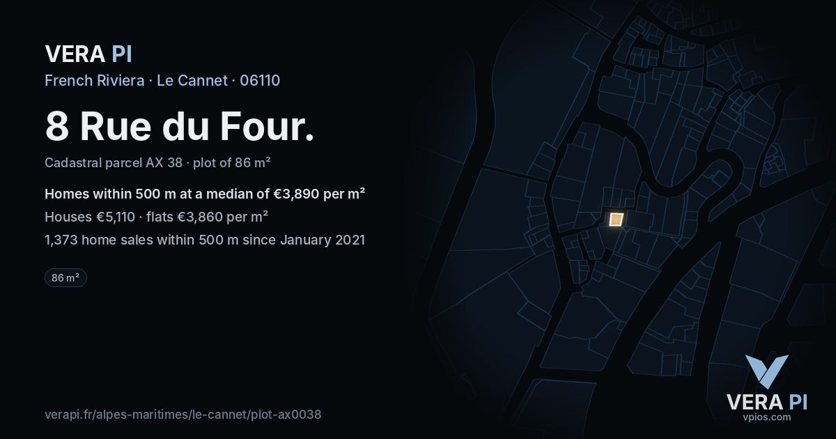 8 Rue du Four, Le Cannet at night – the plot lit, the parcels around coloured by the prices near them