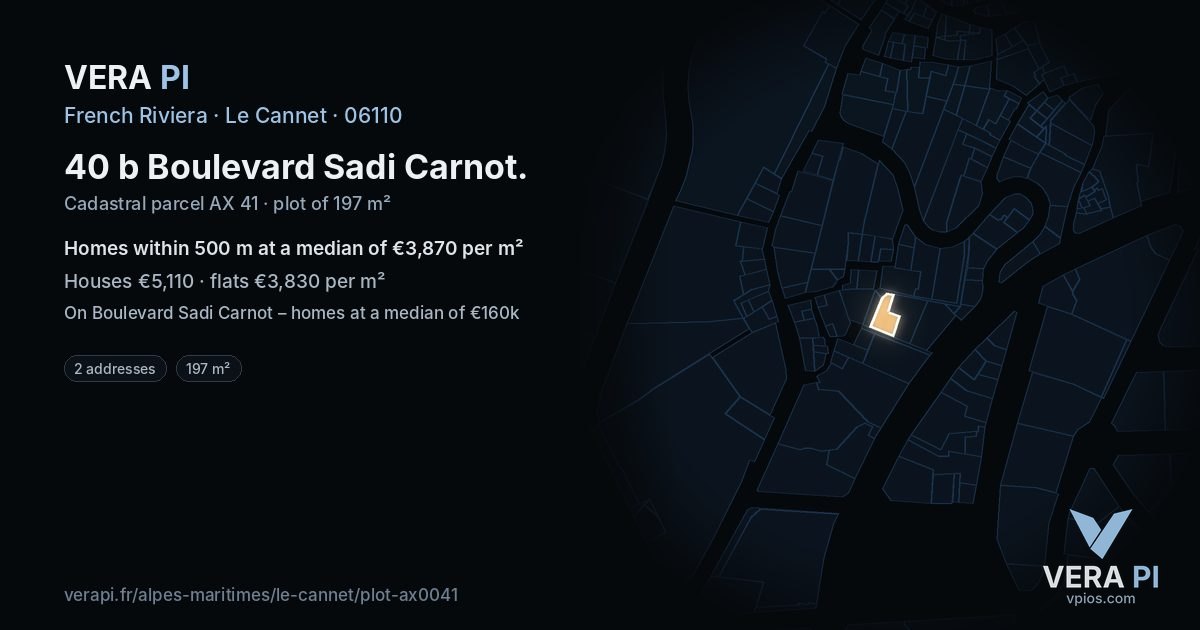 40 b Boulevard Sadi Carnot, Le Cannet at night – the plot lit, the parcels around coloured by the prices near them