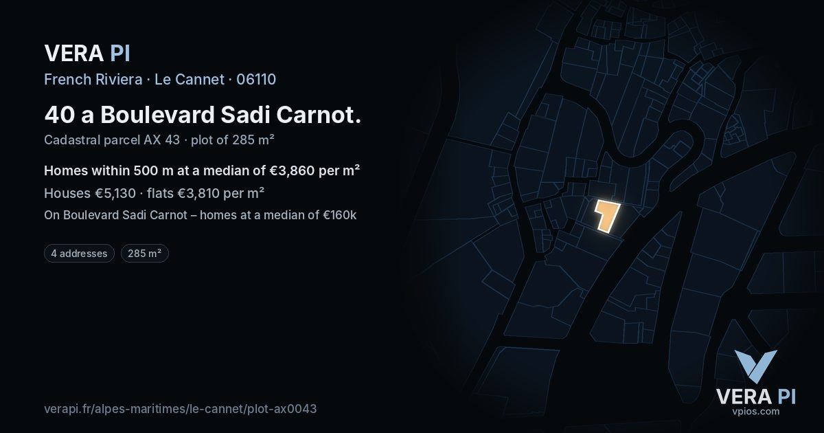 40 a Boulevard Sadi Carnot, Le Cannet at night – the plot lit, the parcels around coloured by the prices near them